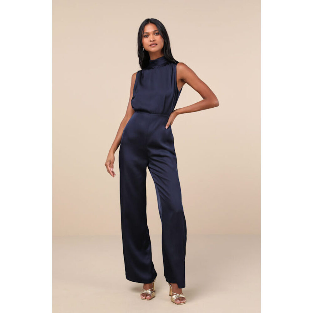 Lulus Classic Elegance Navy Blue Satin Sleeveless Mock Neck Jumpsuit - Size XS